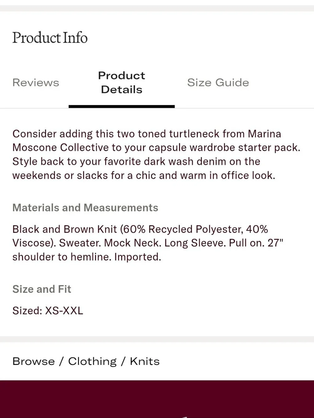 Marina Moscone Brown Colorblock Mock Neck Rib Sweater Size XS